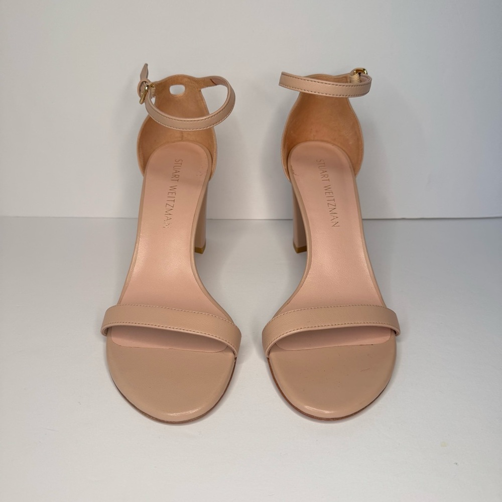 STUART WEITZMAN “Nearly Nude”  Block Heel Sandals Beige Tan Ankle Strap Size 8.5 - Picture 6 of 16